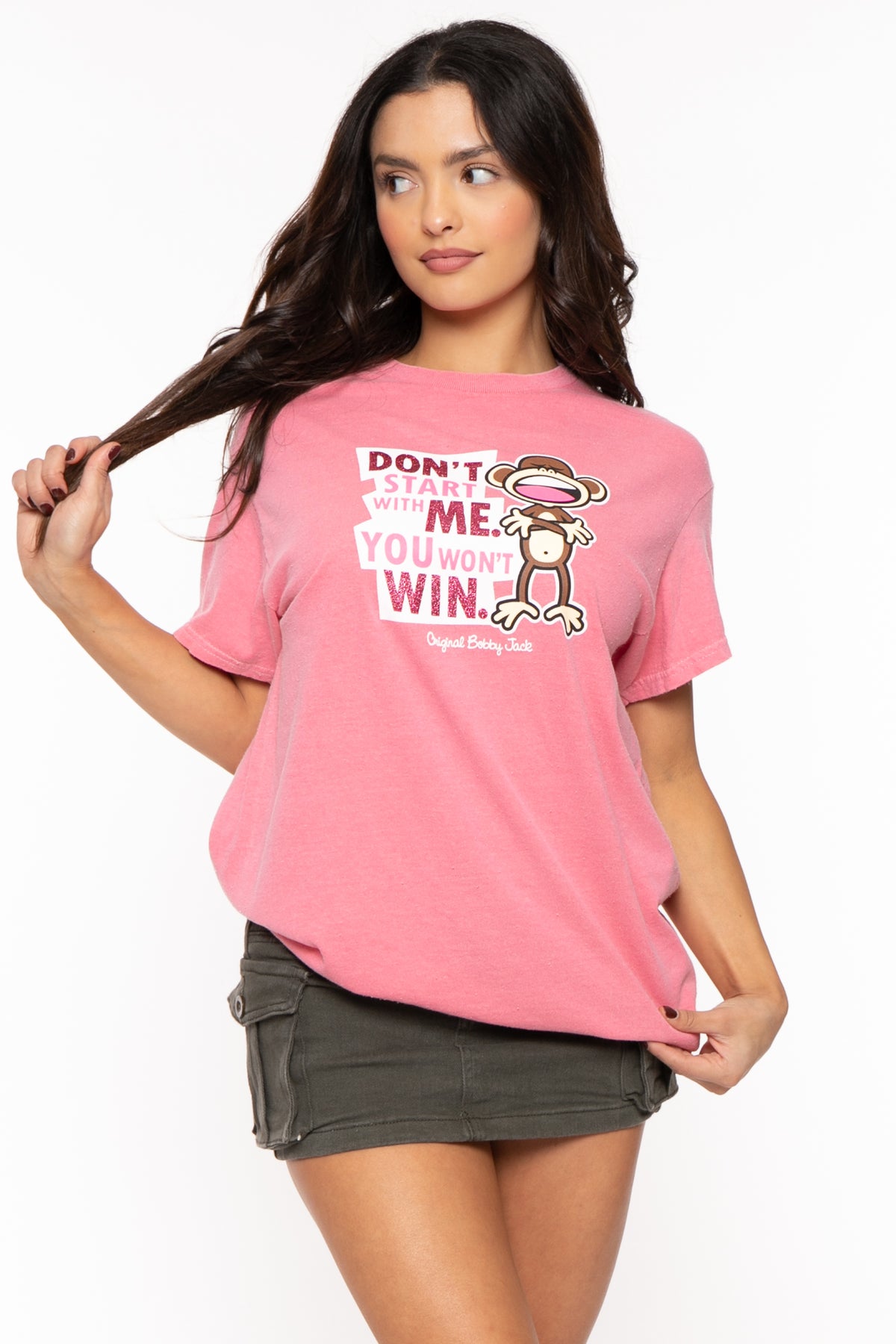 Don't Start  - Bobby Jack Garment-Dyed Boyfriend Glitter T-Shirt -Pink