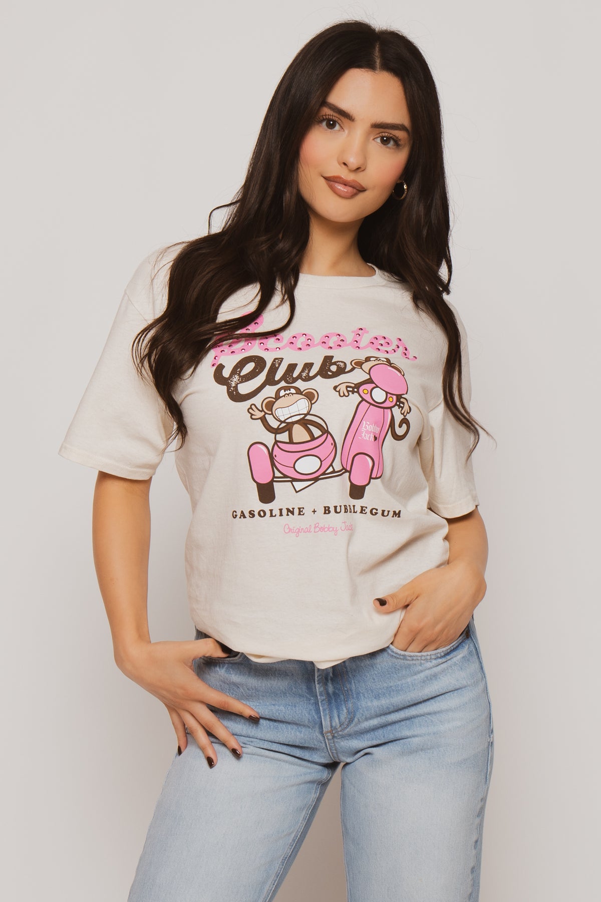 Scooter Club  - Bobby Jack Boyfriend Rhinestone T-Shirt -Ivory