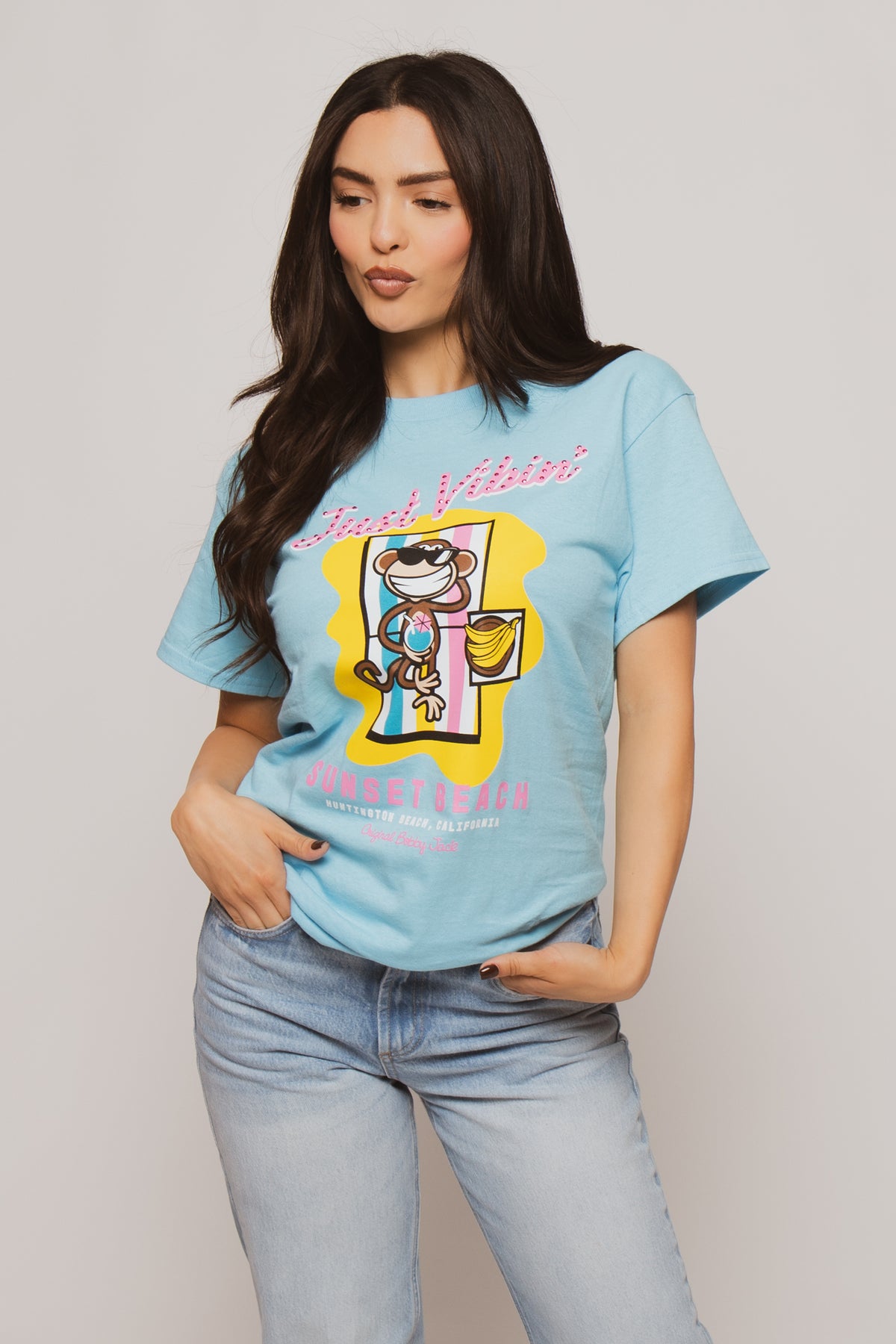 Just Vibin  - Bobby Jack Boyfriend Rhinestone T-Shirt -Blue
