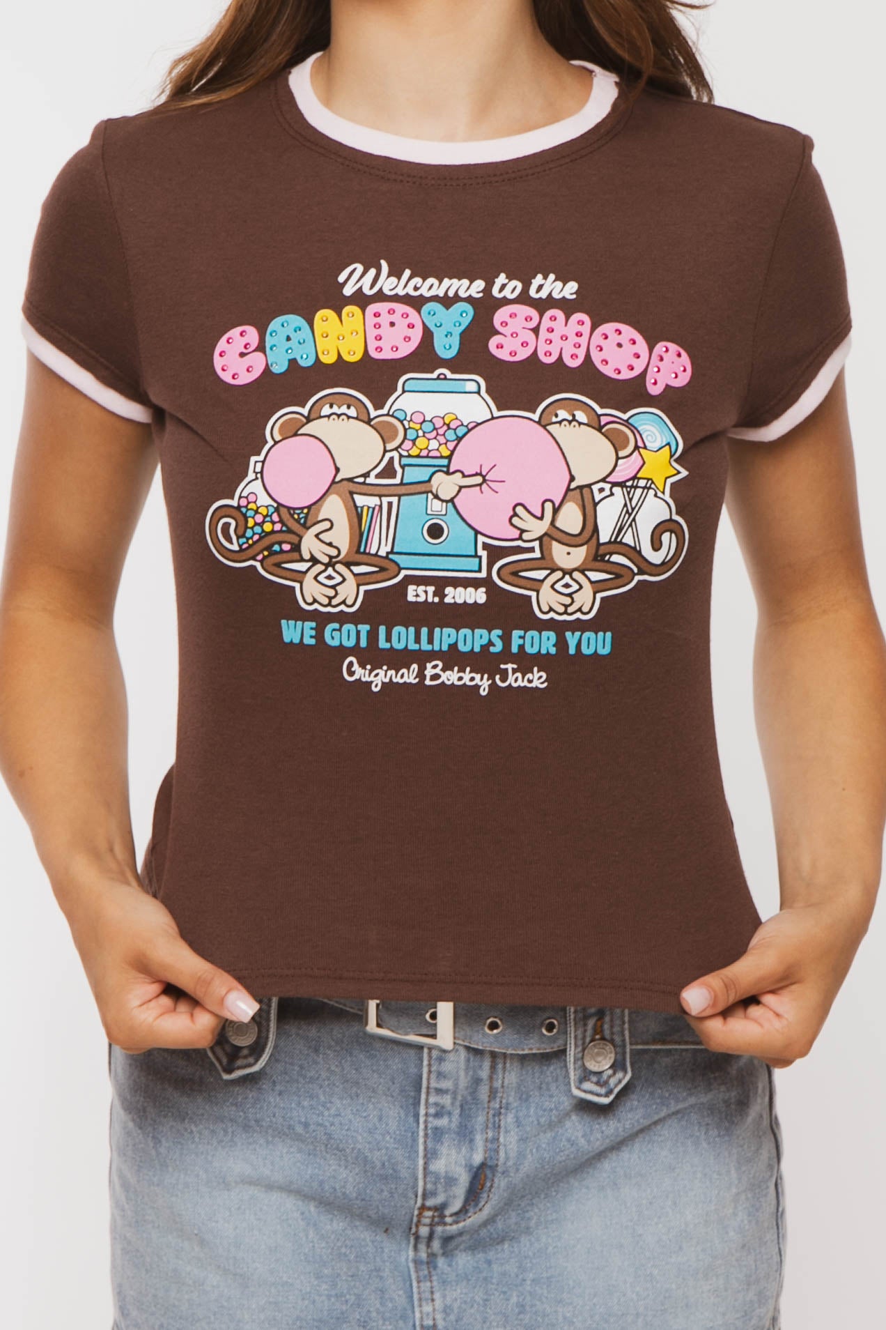 Candy Shop - Bobby Jack Rhinestone Ringer Top -Brown – Bobby Jack