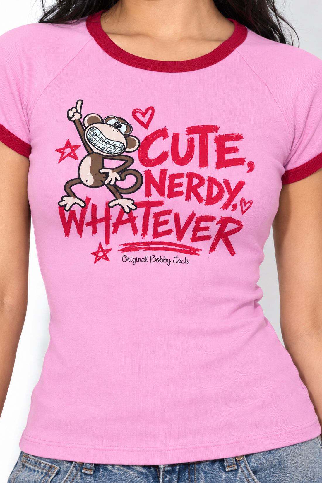 Cute, Nerdy, Whatever - Bobby Jack Raglan Top - Pink — image 4