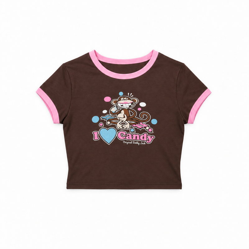 I Love Candy - Bobby Jack Crop Ringer Top - Brown