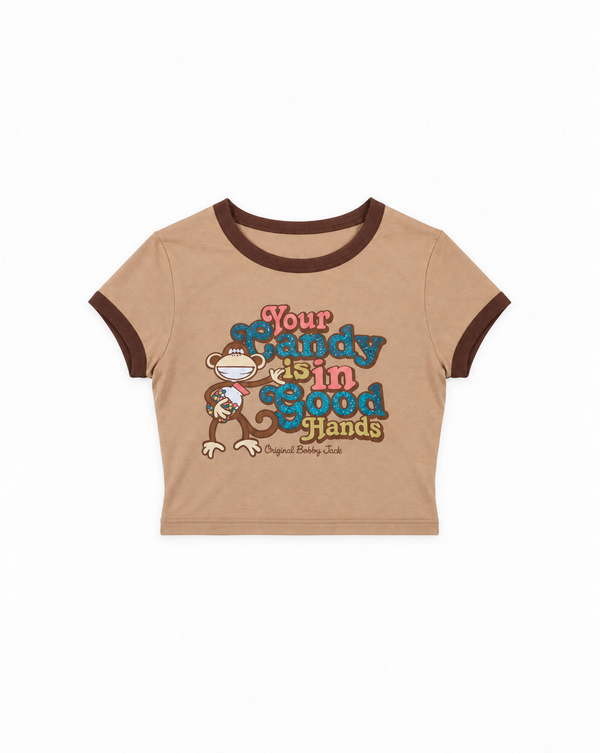 Your Candy- Bobby Jack Crop Glitter Ringer Top - Khaki
