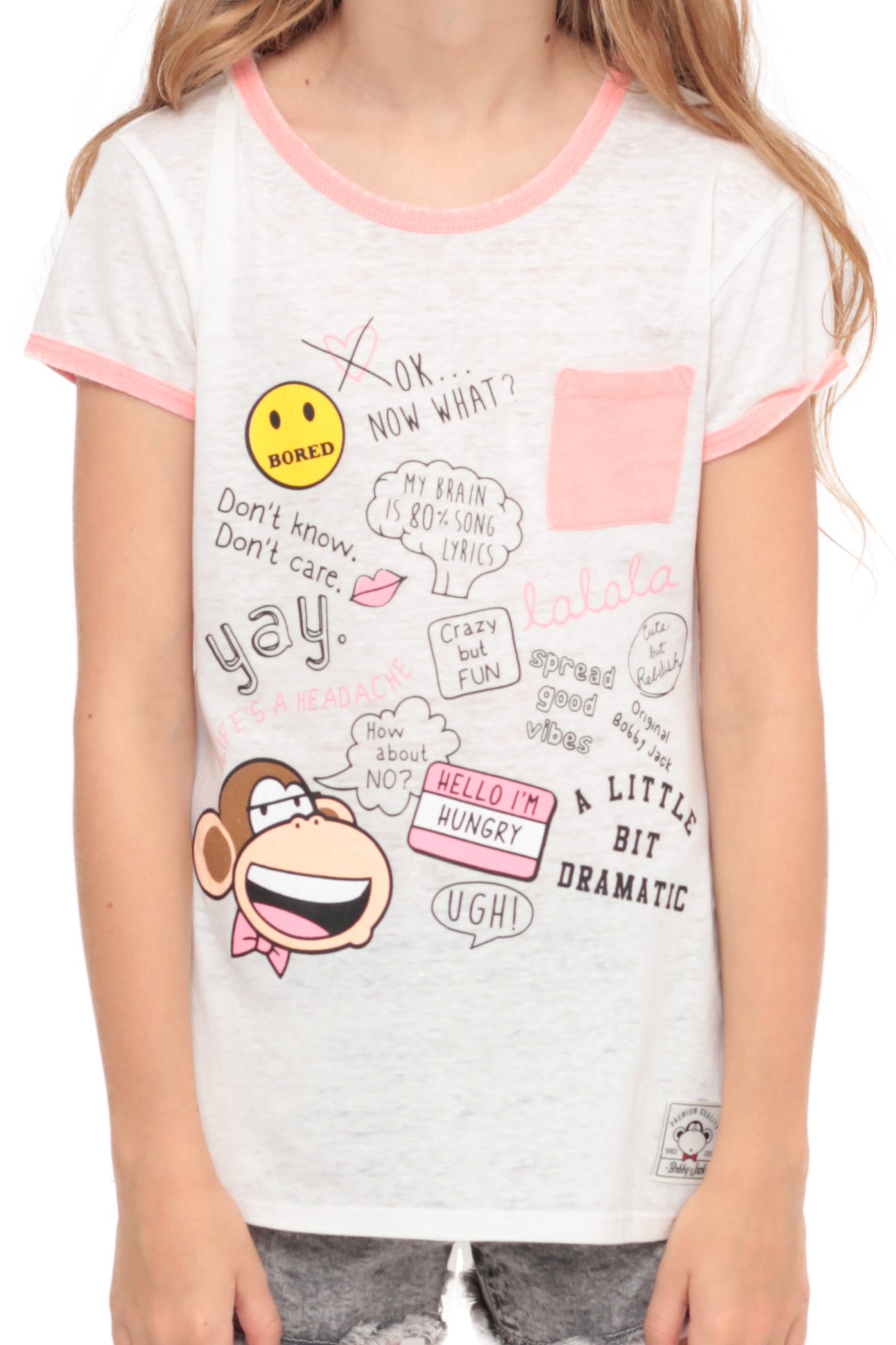 Bobby Jack Crazy Words | Girls Pocket Ringer Top - Ivory