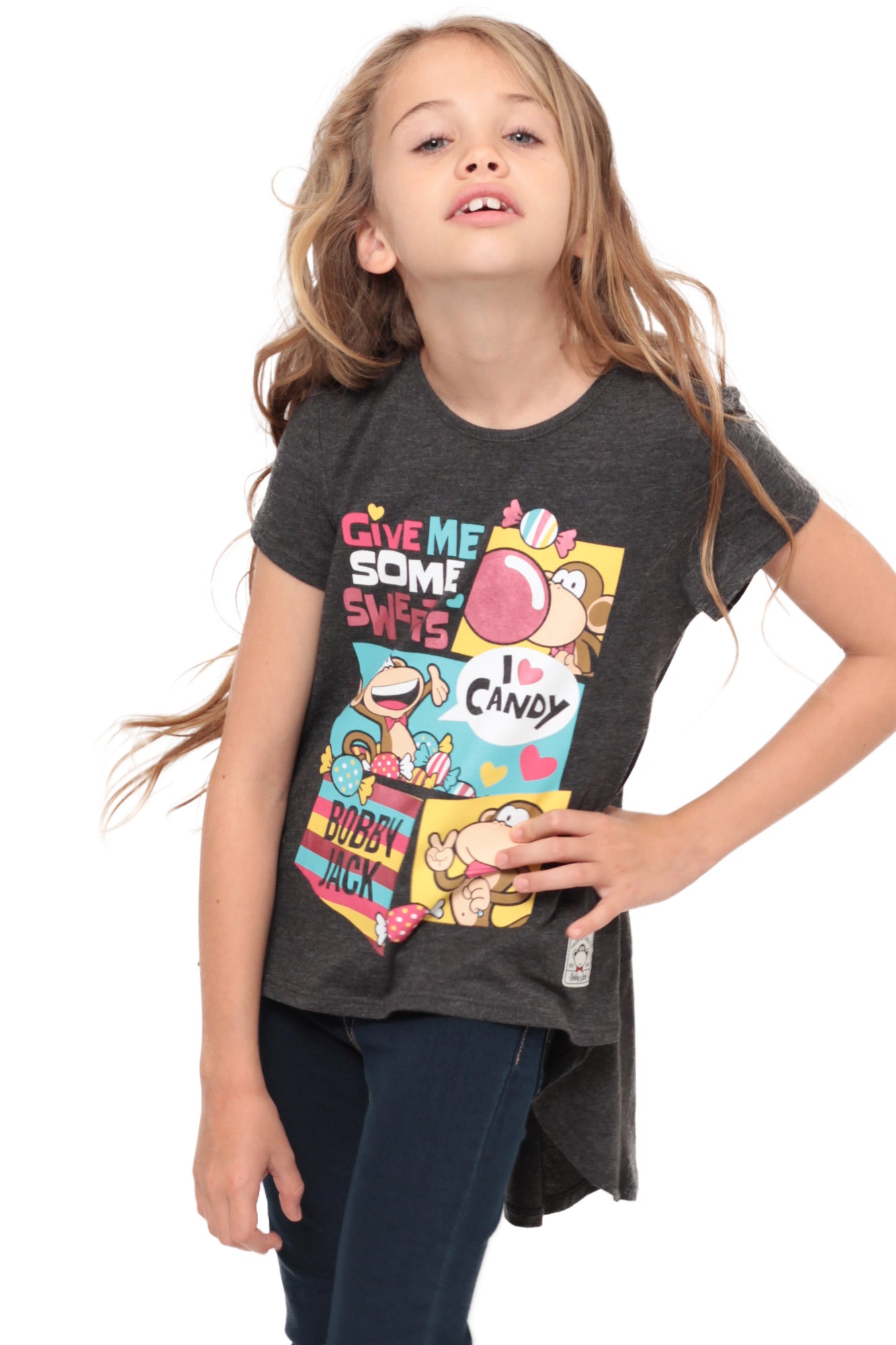 Bobby Jack I Love Candy | Girls Hi-Low Ruffle Back Top - Charcoal